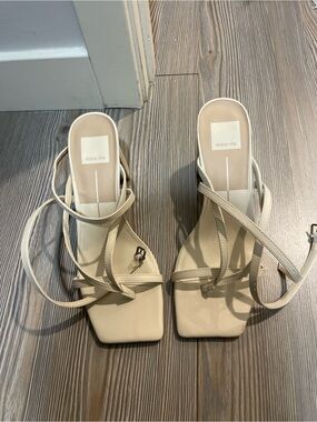 Dolce Vita Cream Strappy Square-Toe Heels with Wrap Ankle Ties